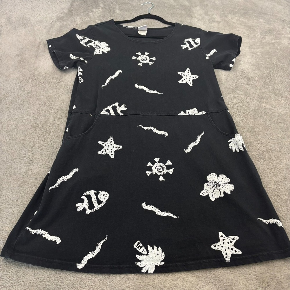 VTG Red Ginger  Shift Dress‎ Womens M Black White Marine Tropical AOP 90s Beachy